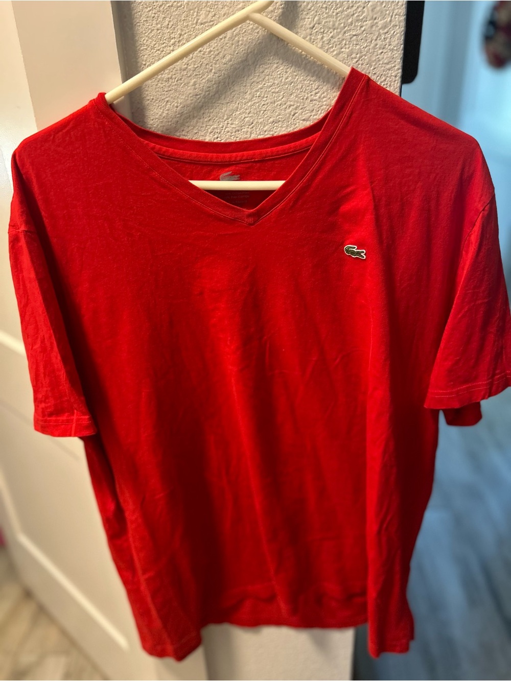 Lacoste Red V-Neck Short Sleeve Tee with Crocodile Logo